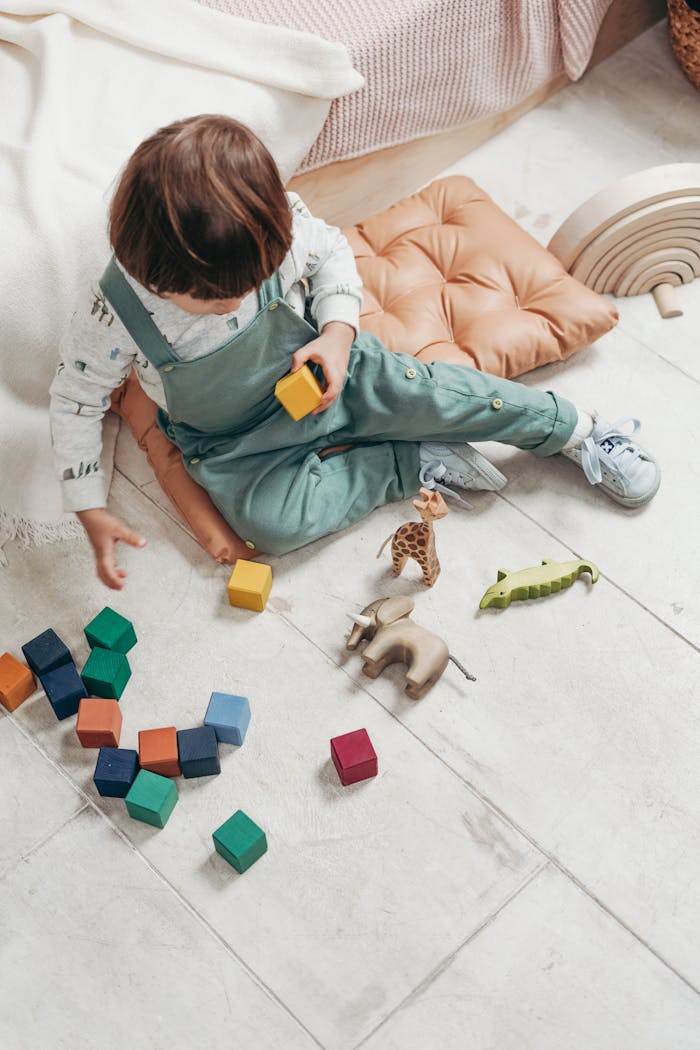 A young child engaged in play with colorful wooden blocks and animal figures indoors.